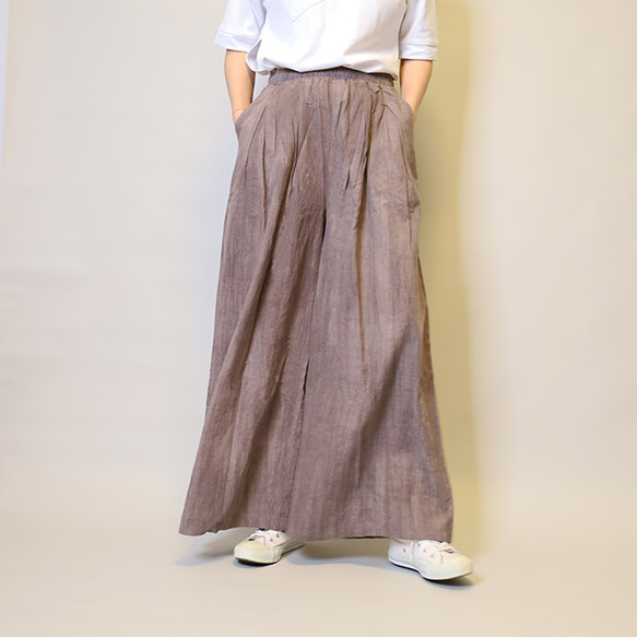 【夏新作】涼しげ♪絞り染めリネン100総ゴム仕立てタックワイドパンツ25024PPF 3枚目の画像