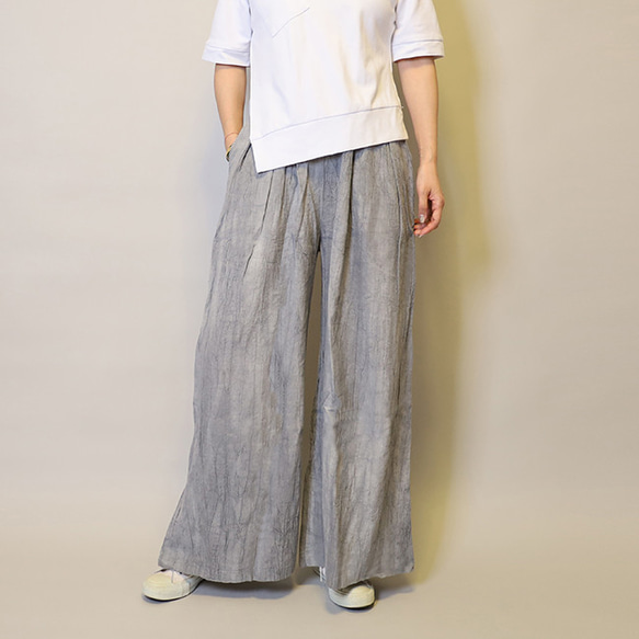 【夏新作】涼しげ♪絞り染めリネン100総ゴム仕立てタックワイドパンツ25024GLF 1枚目の画像