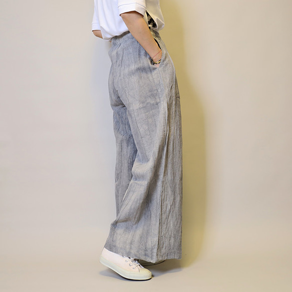 【夏新作】涼しげ♪絞り染めリネン100総ゴム仕立てタックワイドパンツ25024GLF 4枚目の画像