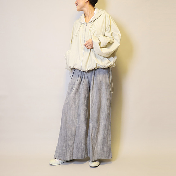 【夏新作】涼しげ♪絞り染めリネン100総ゴム仕立てタックワイドパンツ25024GLF 14枚目の画像