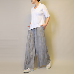 【夏新作】涼しげ♪絞り染めリネン100総ゴム仕立てタックワイドパンツ25024GLF 8枚目の画像
