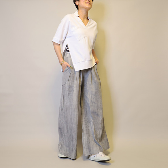 【夏新作】涼しげ♪絞り染めリネン100総ゴム仕立てタックワイドパンツ25024GLF 5枚目の画像