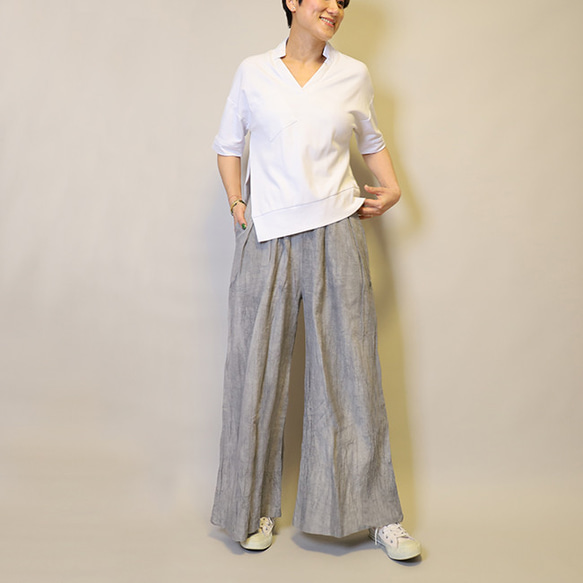 【夏新作】涼しげ♪絞り染めリネン100総ゴム仕立てタックワイドパンツ25024GLF 9枚目の画像