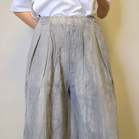 【夏新作】涼しげ♪絞り染めリネン100総ゴム仕立てタックワイドパンツ25024GLF 12枚目の画像