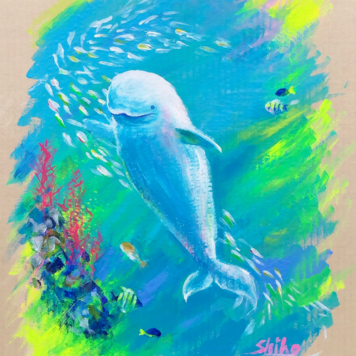 アルコールインクアート 原画イルカ Yuki額装 水族館の白イルカ 」複製画 2L / A4 （※額縁なし） 絵画 てん