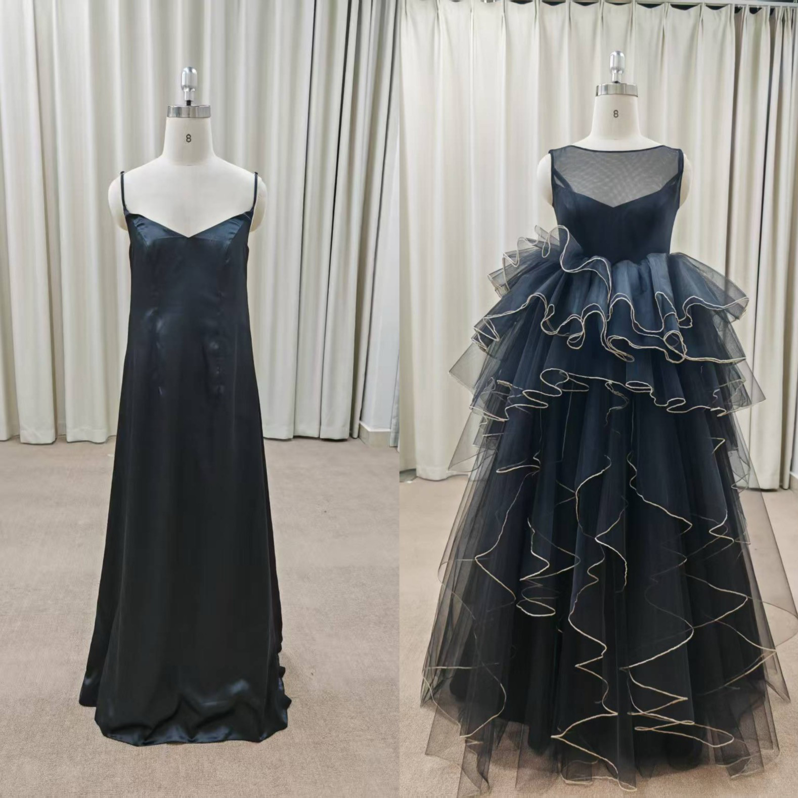 【2way仕様】立体フリル×シアーオーバースカート付き ブラックカラードレス／ボリュームチュール＆シンプルインナーセット