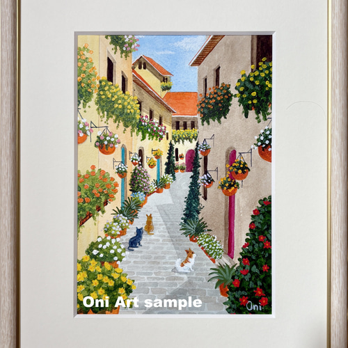 花の咲く路地11」アクリル画 原画 風景画 額縁付 SMサイズ 絵画 Oni