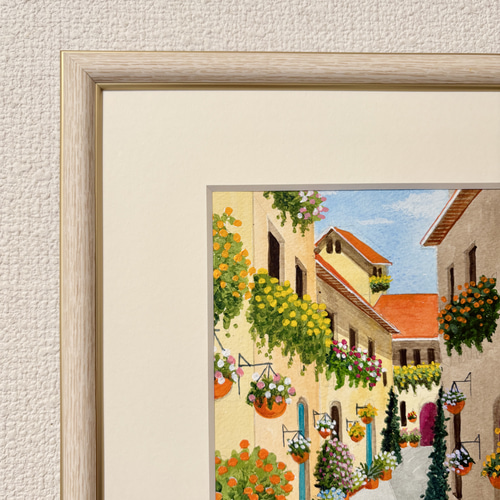 花の咲く路地11」アクリル画 原画 風景画 額縁付 SMサイズ 絵画