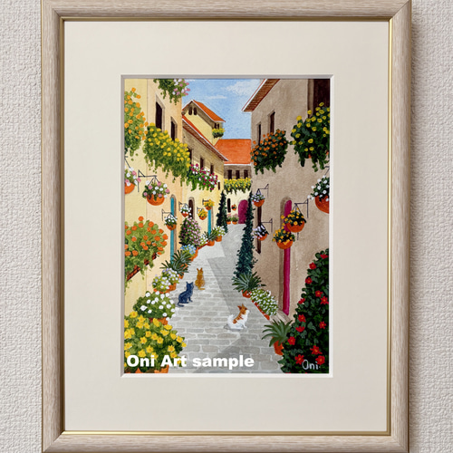 花の咲く路地11」アクリル画 原画 風景画 額縁付 SMサイズ 絵画