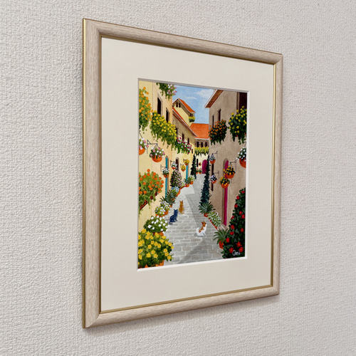 花の咲く路地11」アクリル画 原画 風景画 額縁付 SMサイズ 絵画