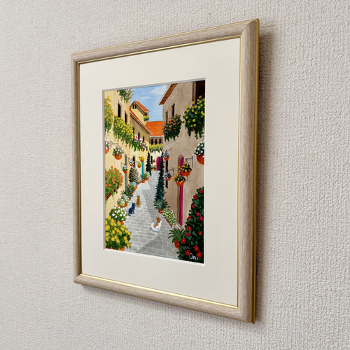 素敵でユニークな 花の咲く路地11」アクリル画 絵画 SMサイズ 額縁付 風景画 原画 絵画