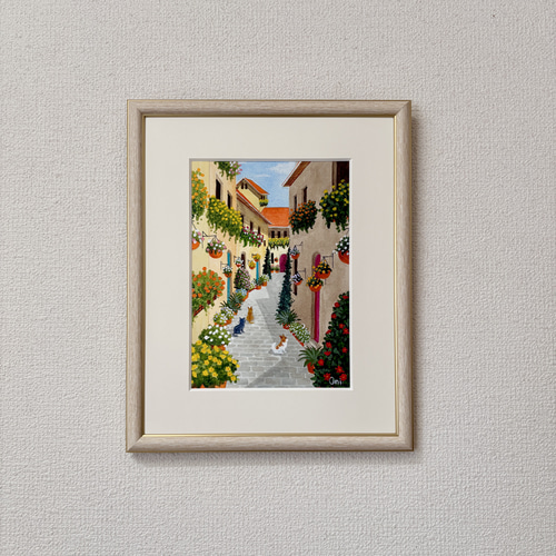 花の咲く路地11」アクリル画 原画 風景画 額縁付 SMサイズ 絵画 Oni