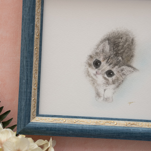 原画・フレーム付き】「見上げる子猫」 パステルアート ねこ かわいい