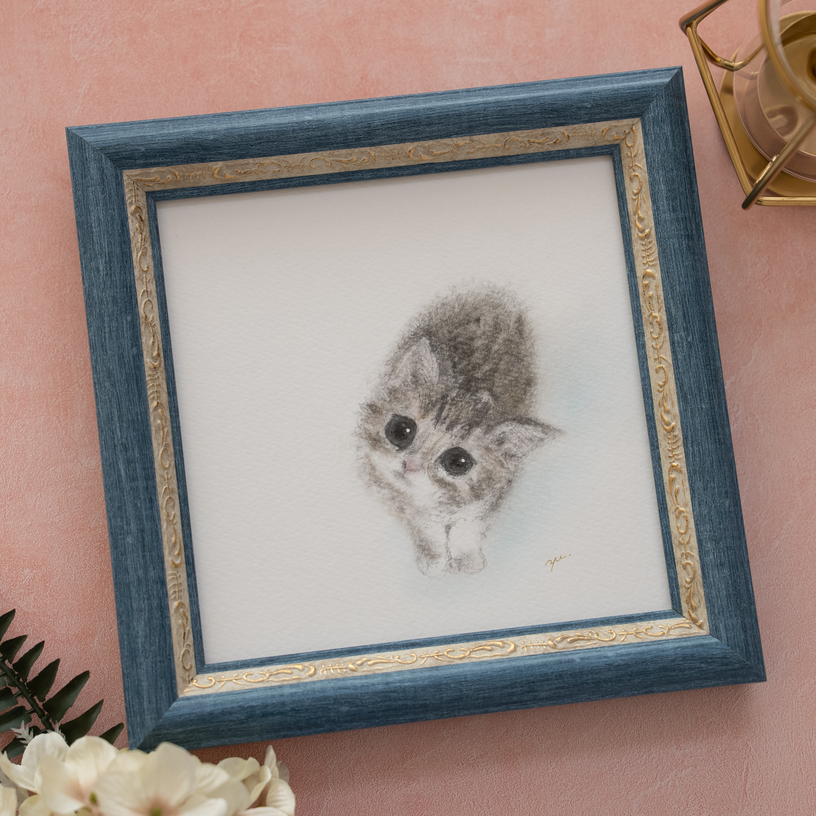 【原画・フレーム付き】「見上げる子猫」　パステルアート　ねこ　かわいい動物イラスト