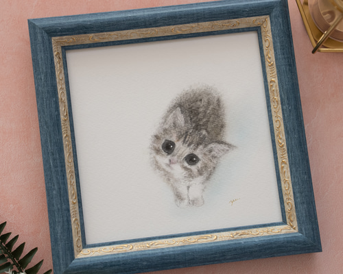 原画・フレーム付き】「見上げる子猫」 パステルアート ねこ