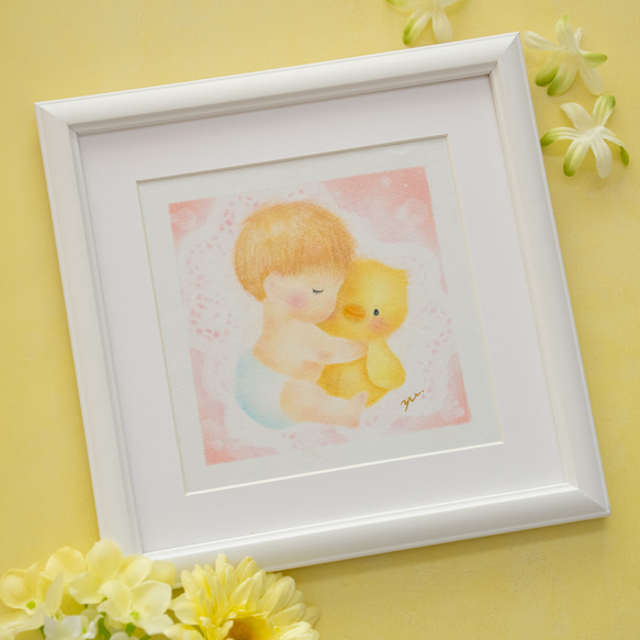 原画・フレーム付き】「ぎゅっ！」 パステルアート かわいい 赤ちゃん