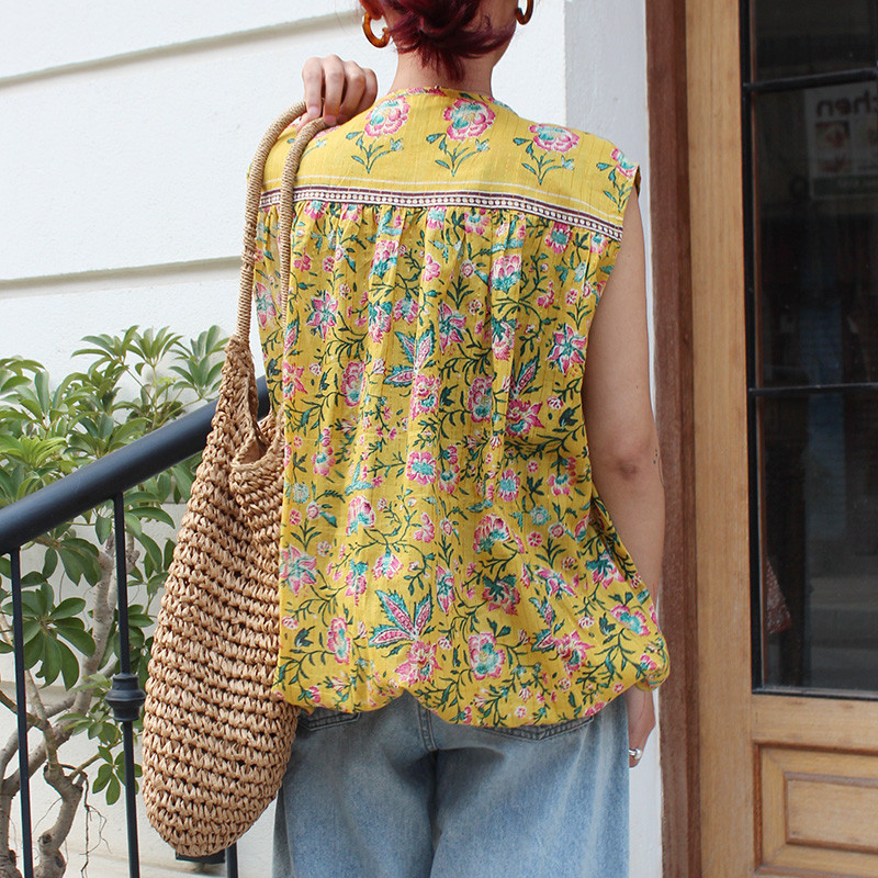 ◉真夏も涼しい◉マシュマロバルーンブラウス　ボタニカルイエロー