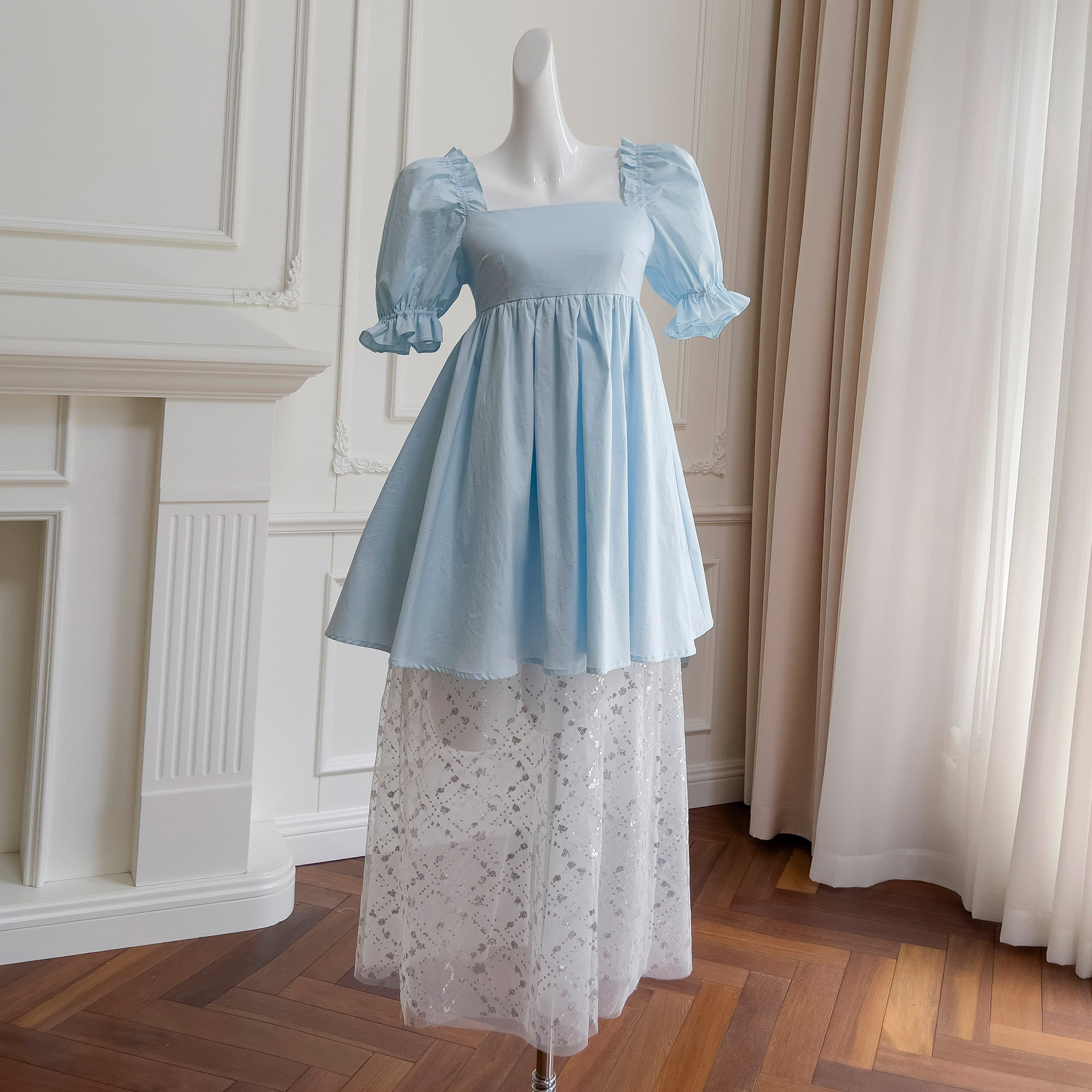 ドレス パーティー ウェディング ワンピース ショート プリンセス 青 白 上品高級感 優雅 韓国風 結婚式 お呼ばれ