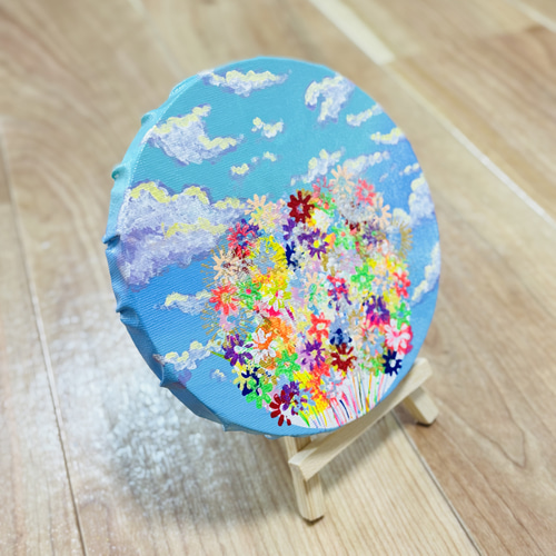 15cm丸】青空と雲 お花畑 キャンバスアート 原画 カラフル 色の力 運気