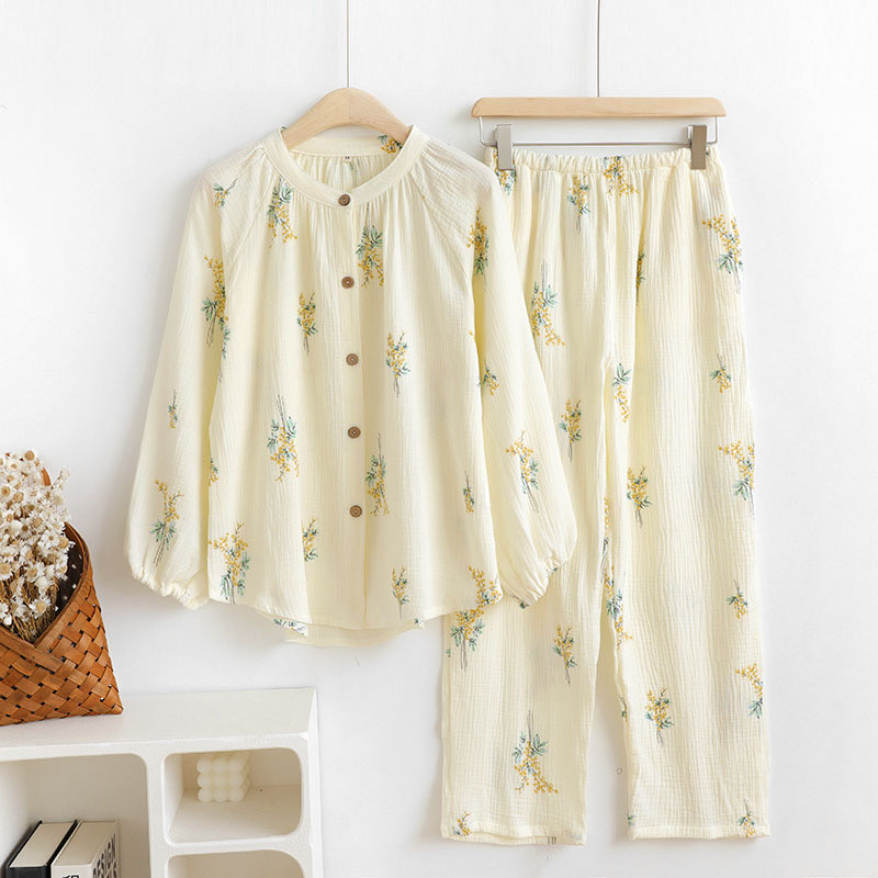 綿100％ ガーゼ ミモザ柄 長袖 パジャマ  部屋着 敏感肌