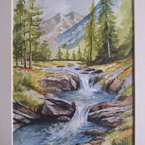 水彩画 新緑の山々に雪どけ水 絵画 makochin 通販 19400630｜Creema