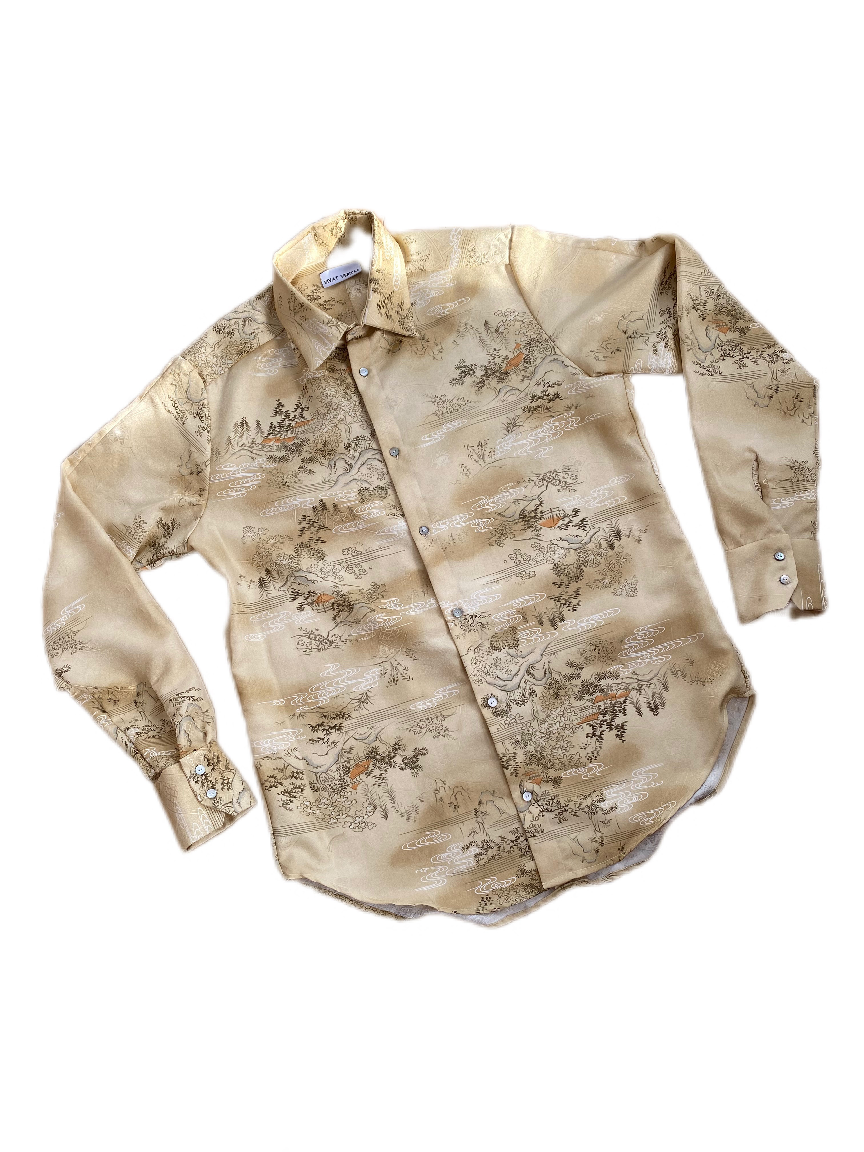 1点もの 着物リメイク ユニセックスシャツ　ベージュ