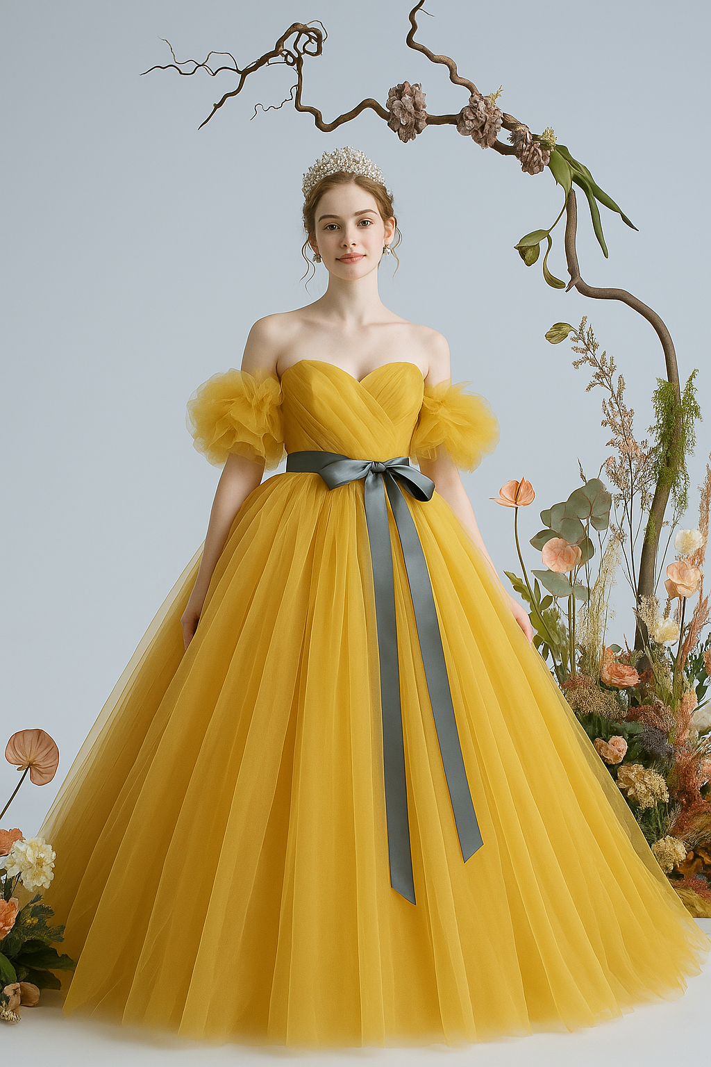 送料無料！カラードレス イエロー サッシュベルト パフスリーブ 派手な 結婚式 プリンセスライン 素敵な 快適な生地