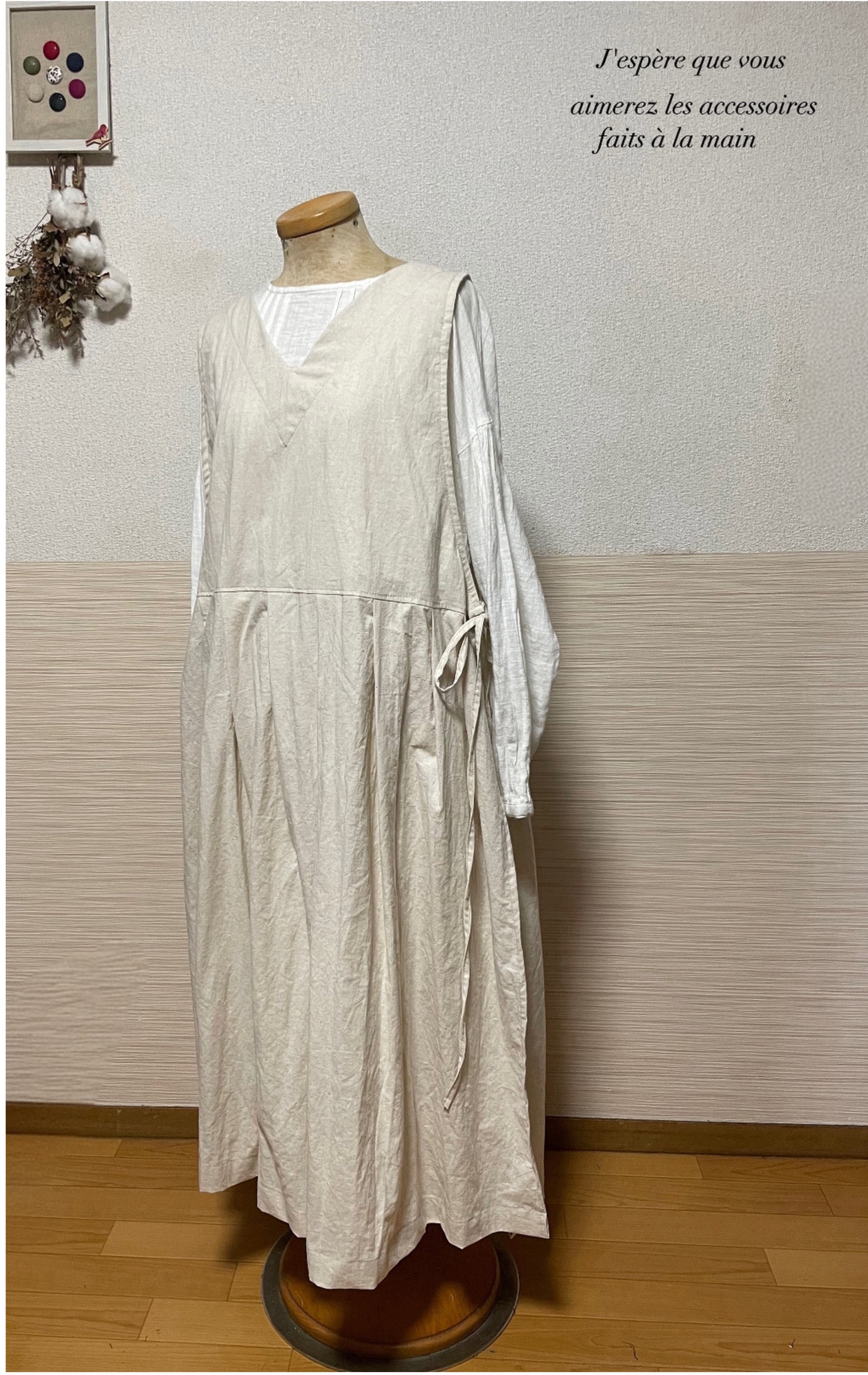 リネン　ワンピース　きなり