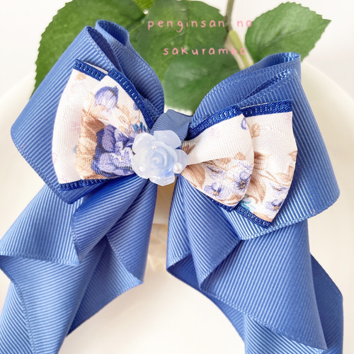 送料無料】コンジュリボン くすみブルー ローズ ヘアゴム ヘア