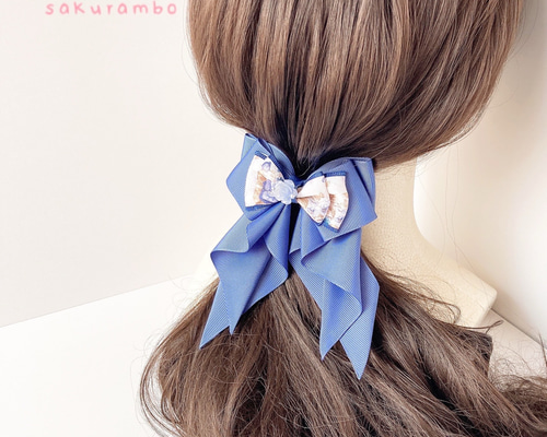 確認　ヘアリボン ヘアゴム　ドレープリボン　1014　アンティークローズ　ブルー 確認 ヘアリボン ヘアゴム ドレープリボン 1014 アンティークローズ ブルー