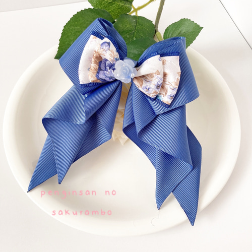 送料無料】コンジュリボン くすみブルー ローズ ヘアゴム ヘア