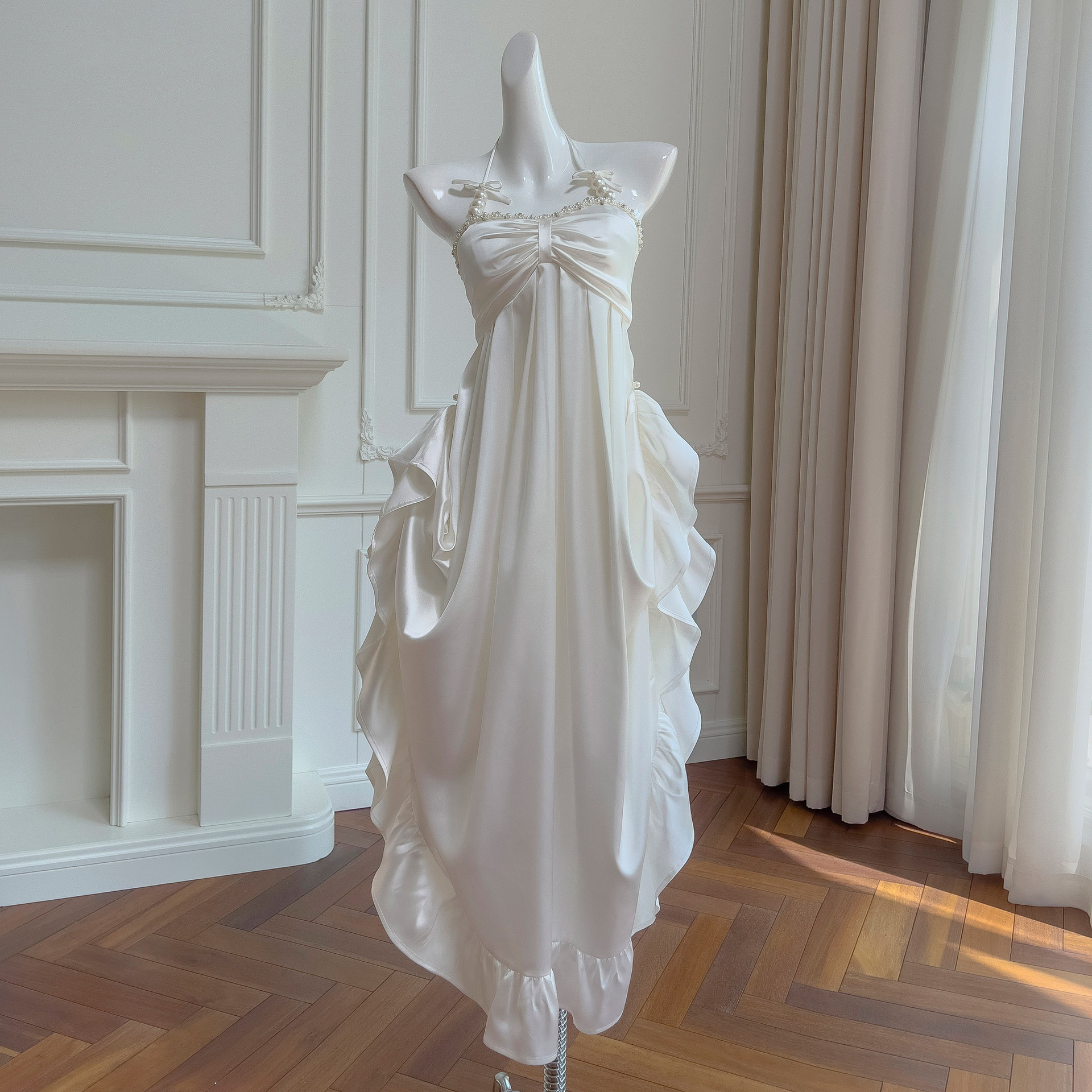 ドレス パーティー ウェディング ワンピース ロング プリンセス 白 フリル 上品 優雅 韓国風 結婚式 お呼ばれ