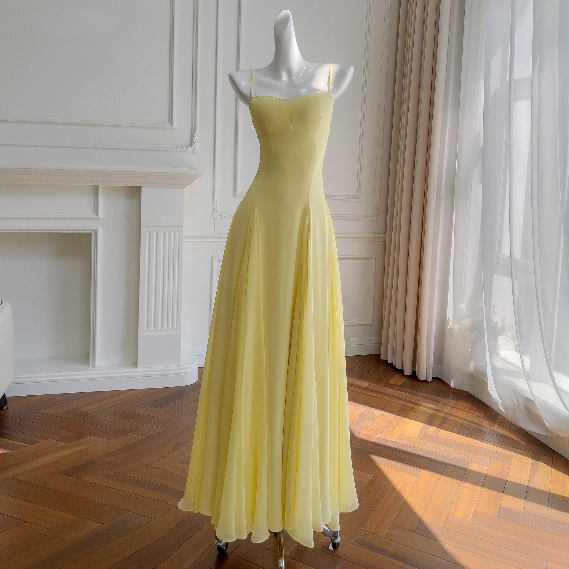 ドレス パーティー ウェディング ワンピース ロング プリンセス 黄色 高級感 上品 優雅 韓国風 結婚式 お呼ばれ