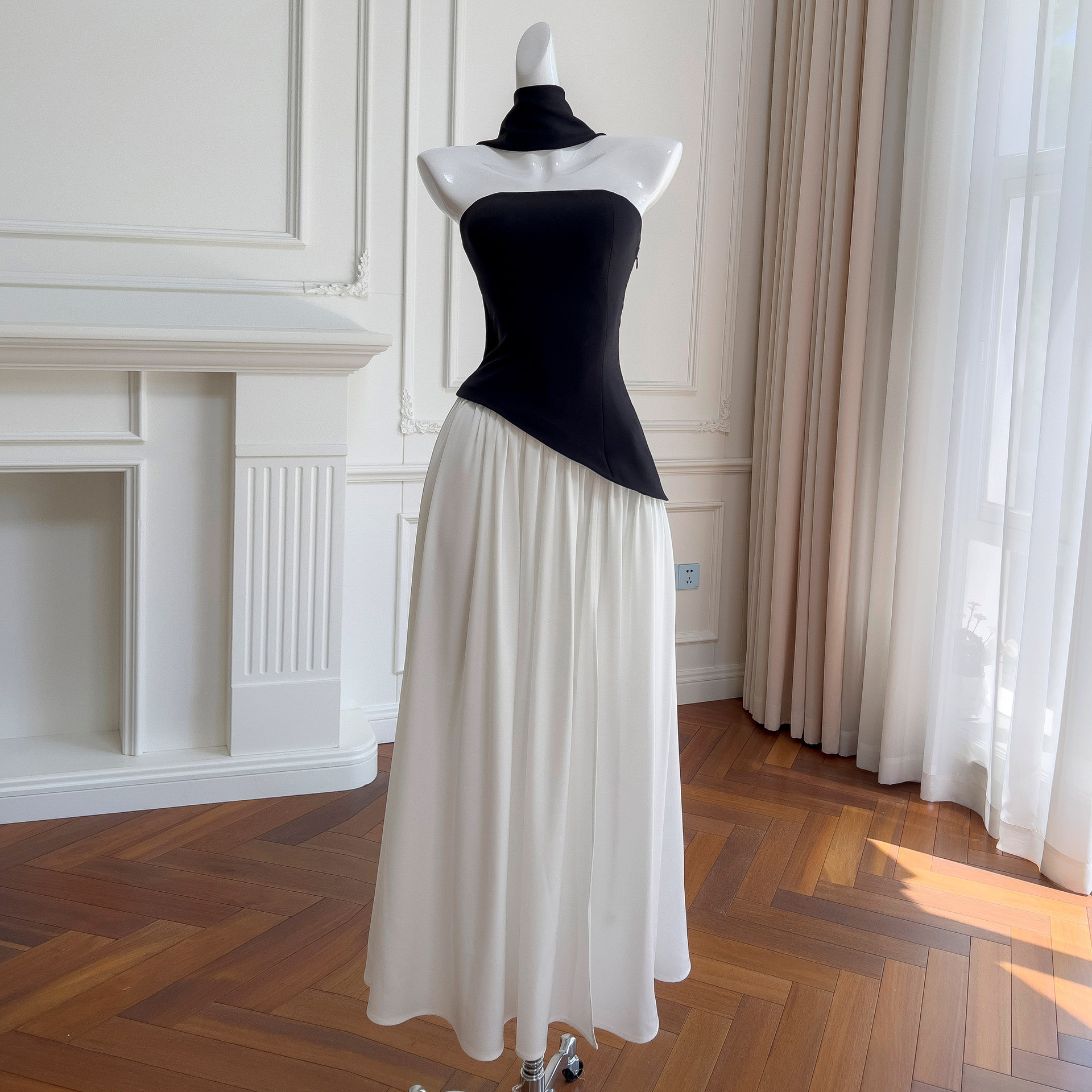 ドレス パーティー ウェディング ワンピース ロング プリンセス 黒白 高級感 上品 優雅 韓国風 結婚式 お呼ばれ