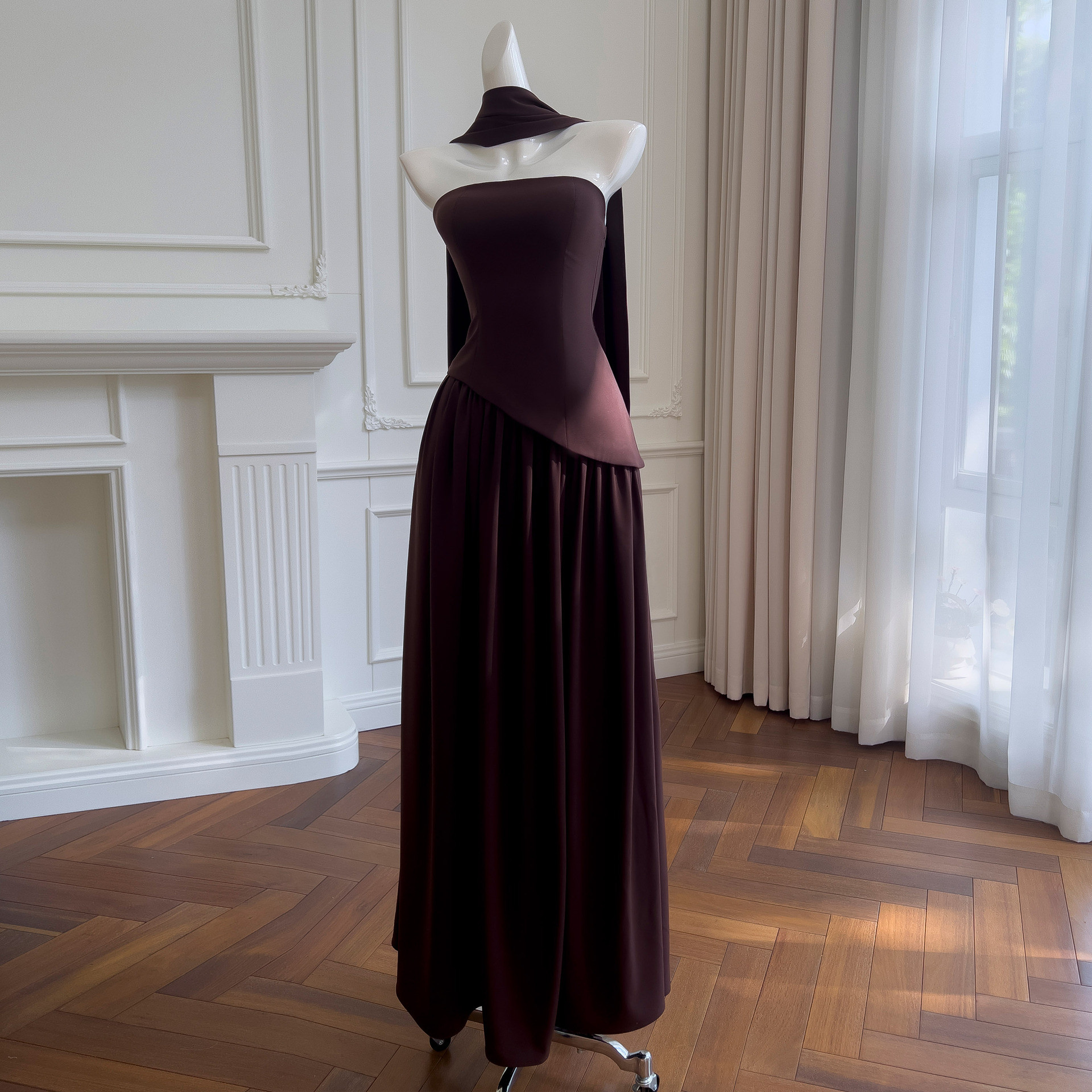 ドレス パーティー ウェディング ワンピース ロング プリンセス コーヒー色高級感 上品 優雅 韓国風 結婚式 お呼ばれ