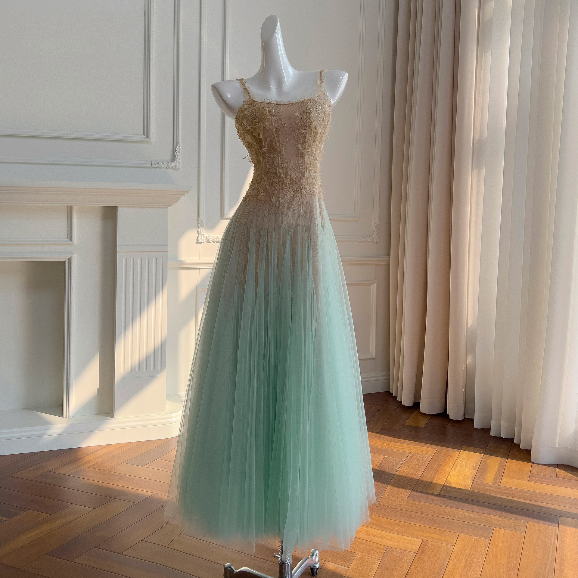 ドレス パーティー ウェディング ワンピース ロング プリンセス 緑 高級感 上品 優雅 韓国風 結婚式 お呼ばれ