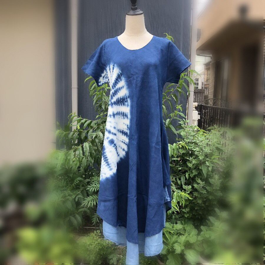 藍染 Indigo インディゴ 半袖 ワンピース ロング マキシ 夏 フレア グラデーション N4