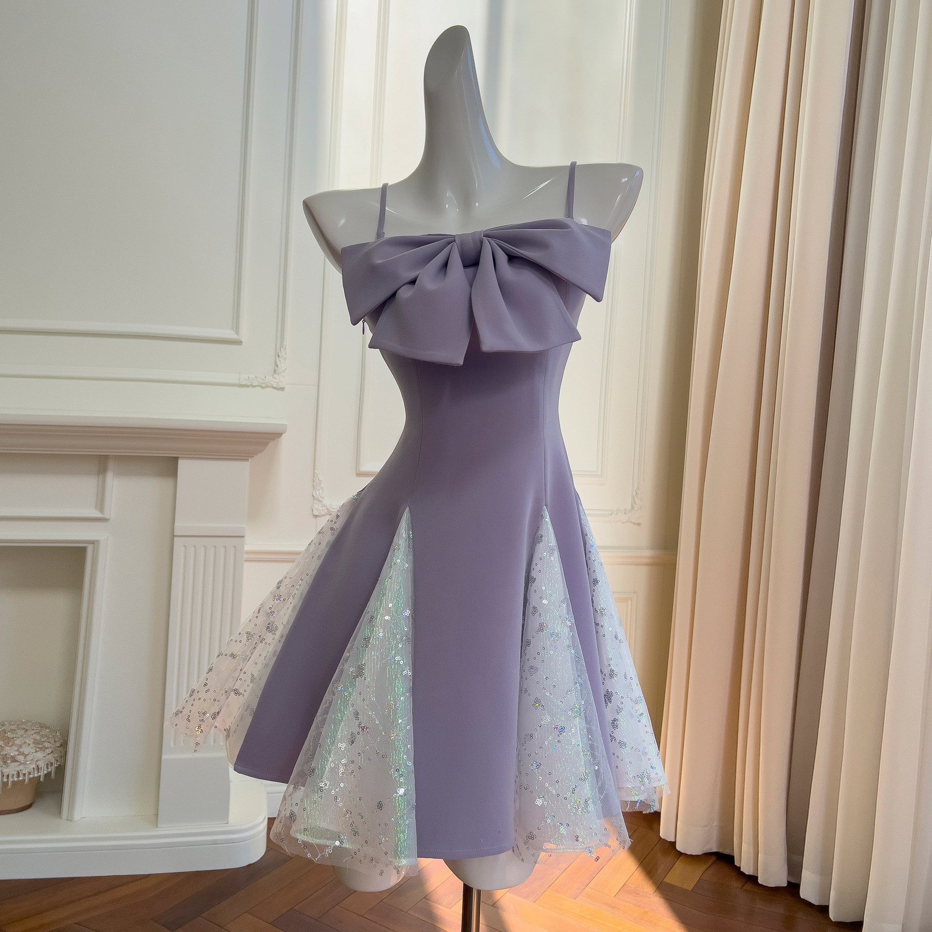 ドレス パーティー ウェディング ワンピース ショート プリンセス 紫 リボン 上品 優雅 韓国風 結婚式 お呼ばれ 10,358円