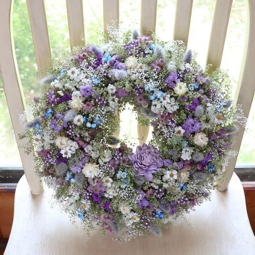 35cm) あふれる小花のお花畑リース/ブルーパープル/ドライフラワー