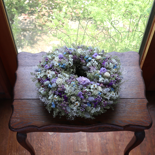 35cm) あふれる小花のお花畑リース/ブルーパープル/ドライフラワー