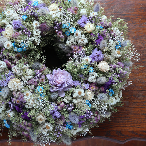 35cm) あふれる小花のお花畑リース/ブルーパープル/ドライフラワー