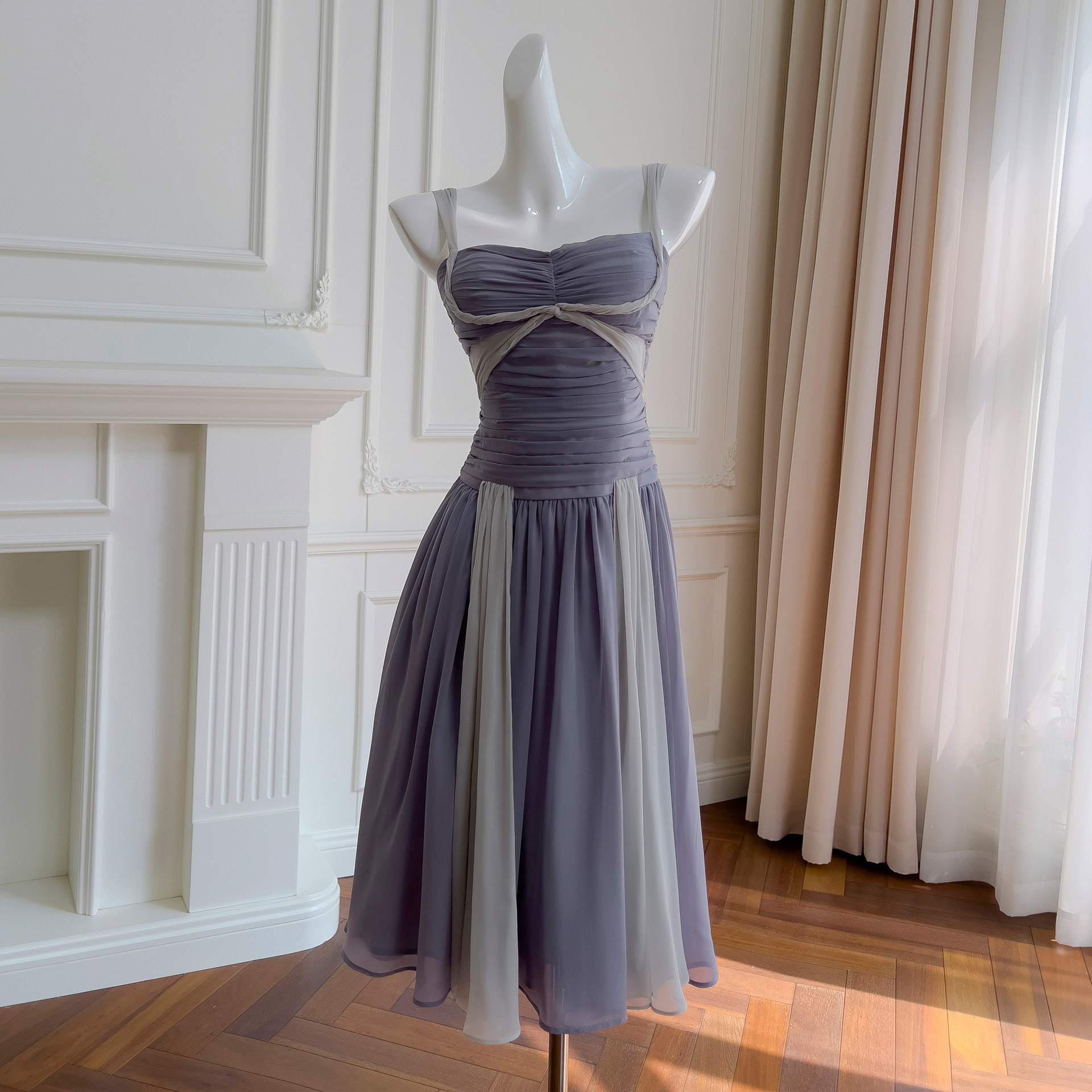 ドレス パーティー ウェディング ワンピース ショート プリンセス 紫 シフォン 上品 優雅 韓国風 結婚式 お呼ばれ