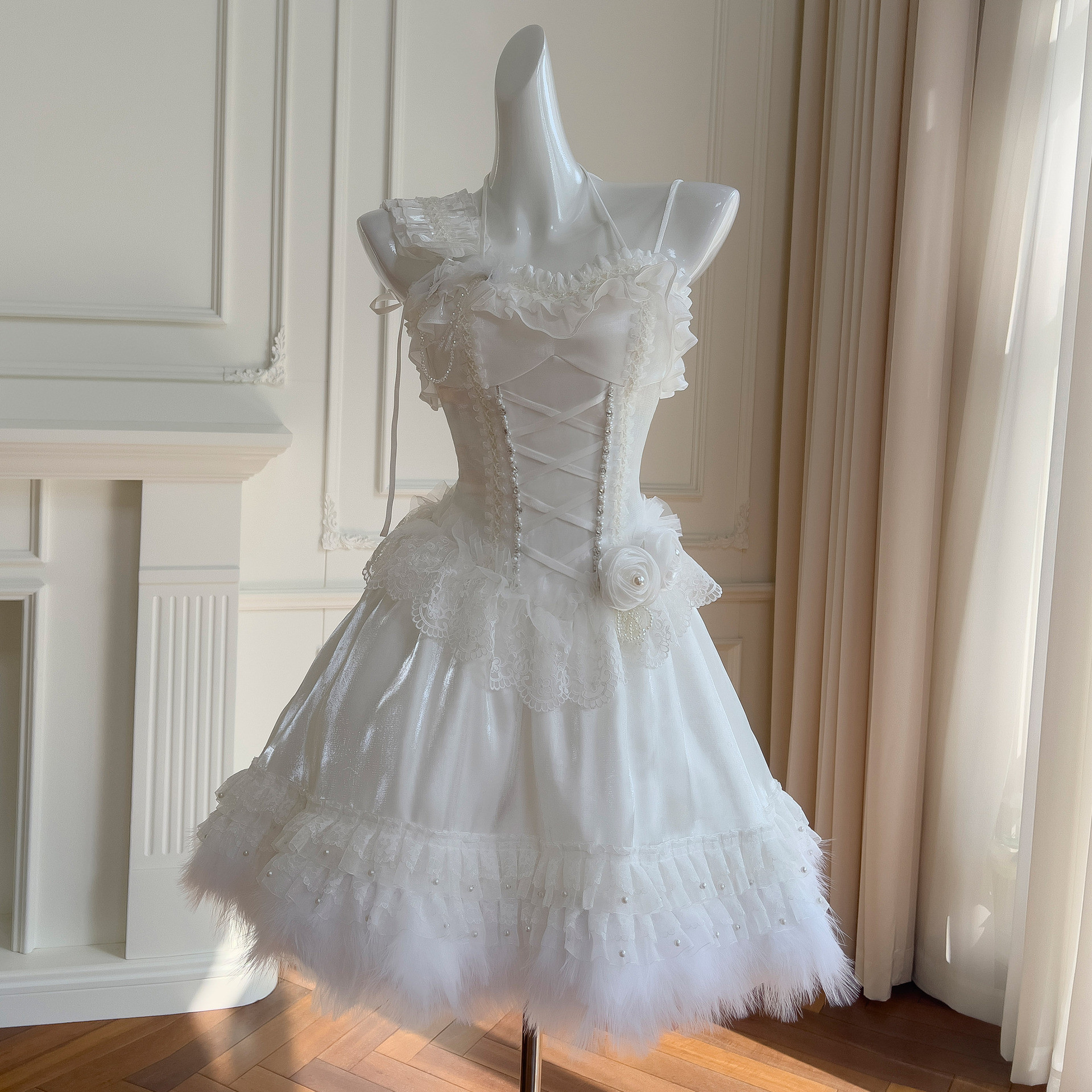 ドレス パーティー ウェディング ワンピース ショート プリンセス 白 高級感 上品 優雅 韓国風 結婚式 お呼ばれ