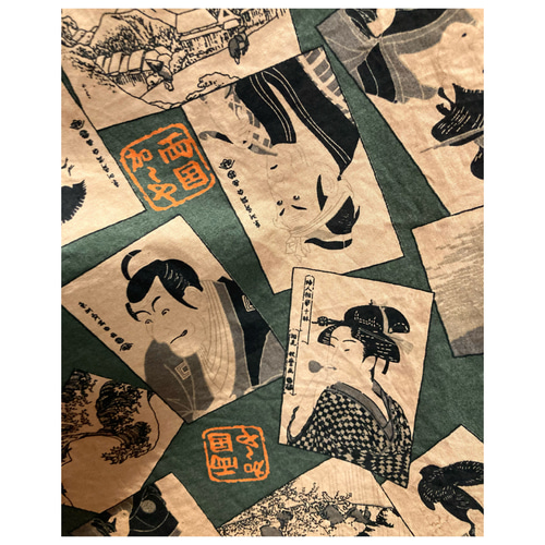 古布リメイク柿渋染め浮世絵手拭いゆったりパンツ 浮世絵柄生地と