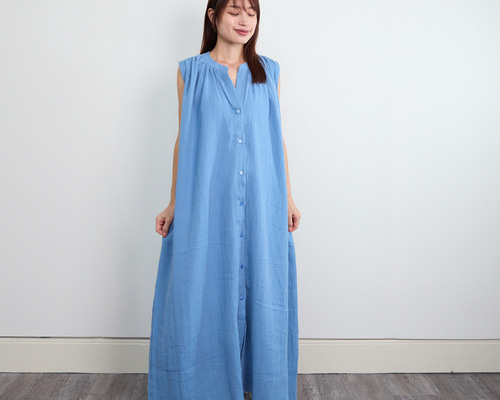 【タイムセール】【CORCOVADO】ノースリーブシャツワンピース 青 サラッと着れる コットン ダブルガーゼ ノースリーブシャツ
