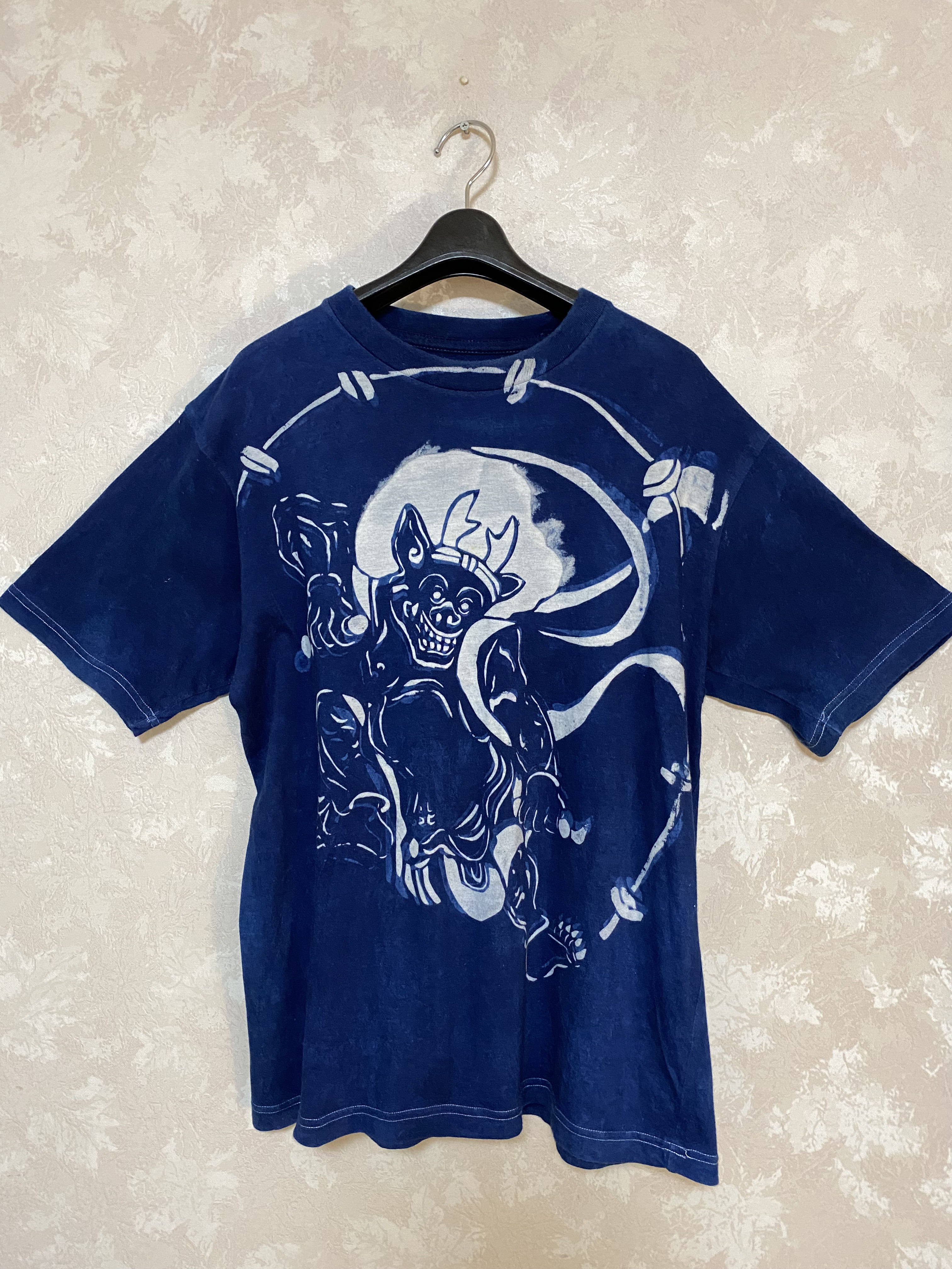 348.藍染めTシャツ、雷神　迫力　型染め　手染め　男女兼用　L