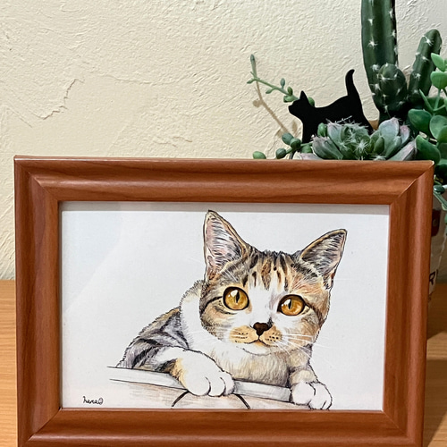 原画イラスト 一点物 三毛猫 まんが風イラスト フレーム付 L判サイズ