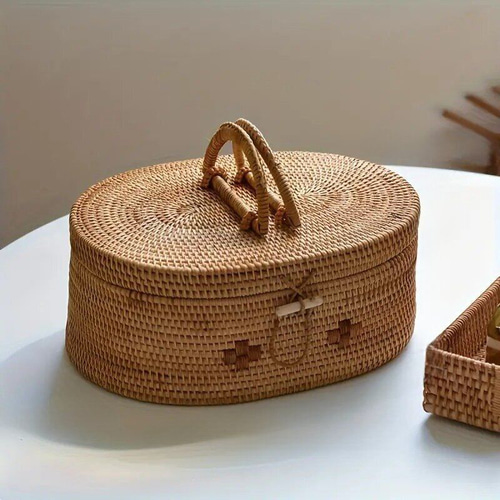 ラタンオーバル収納ボックス お茶菓子 メイクボックス 裁縫箱 高品質