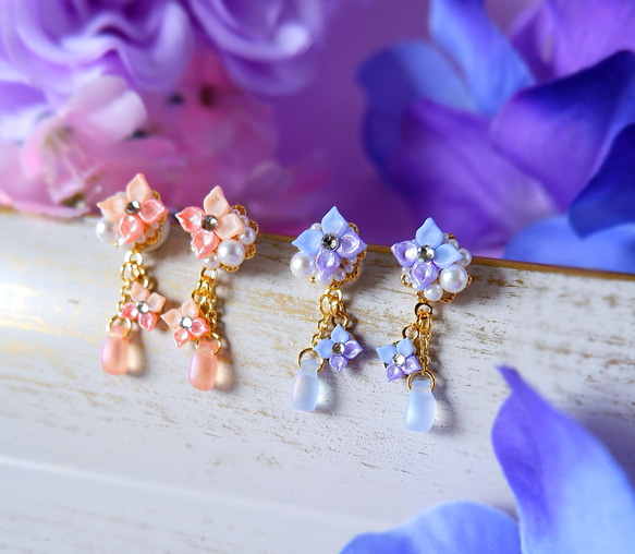 2カラー！淡色しずくと半月紫陽花のイヤリング・ピアス＊受注制作《パール　ミニチュア　梅雨　アジサイ　ピンク　パープル》 15枚目の画像