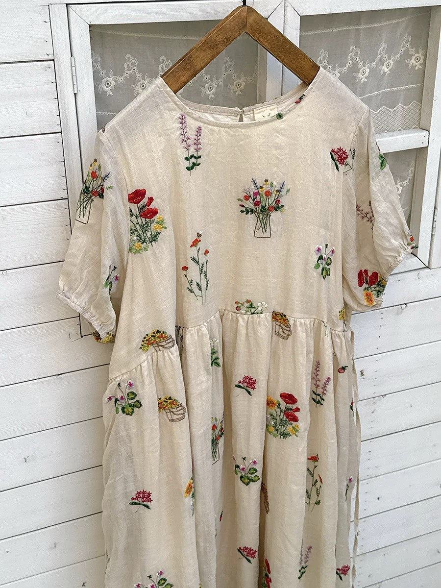 【受注製作】 涼しいリネン刺繡ワンピースKL 0987　2色展開